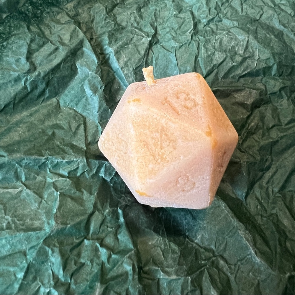 Pure Beeswax 12 Sided Dice Candle - Peachy Orange Game Night Accent - Picture 2 of 5